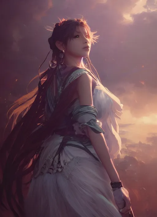 Image similar to a Photorealistic dramatic hyperrealistic render of a beautiful Final Fantasy 10 character Yuna by WLOP,Artgerm,Greg Rutkowski,Alphonse Mucha, Beautiful dynamic dramatic dark moody lighting,shadows,cinematic atmosphere,Artstation,concept design art,Octane render,8K