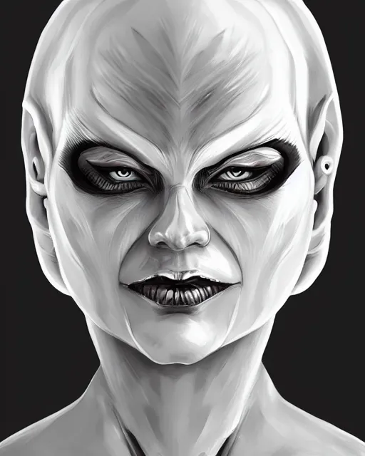 Image similar to a painting head and shoulders portrait of a villainous female Nordic alien of pure evil, made in tones of white and grey, holding a sharp weapon, insanely detailed, loony toons style, digital art, trending on artstation, isometric views, 8k