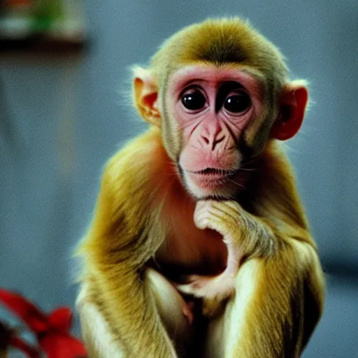 Image similar to Monkey wearing a silk scarf, still from a 90s movie