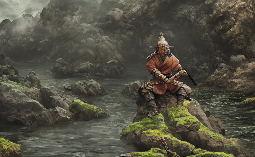 Image similar to highly detailed digital illustration of shinobi warrior meditating in wet japanese battlefield from sengoku period, surrounded by dense rock formations, high in mountains, cinematic lighting, photobash, raytracing, volumetric lighting