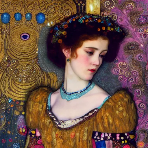 Prompt: victorian girl princess in front of a gustav klimt wallpaper by android jones, detailed matte painting, 8k resolution