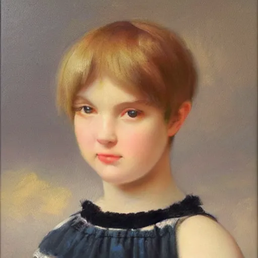 Image similar to famous oil painting masterwork of a beautiful and cute young woman with a short tomboy hairstyle. Extreme detail