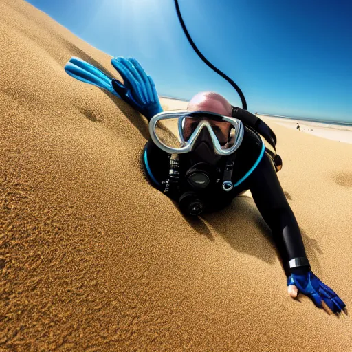 Image similar to a scuba diver sunbathing on a sand dune, bright sunny day, photography, highly detailed, high quality, 8 k, soft lighting,