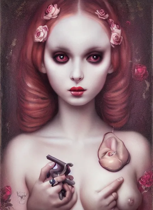 Prompt: pop surrealism, lowbrow art, realistic seductive woman painting, body harness, hyper realism, muted colours, rococo, natalie shau, loreta lux, tom bagshaw, mark ryden, trevor brown style,
