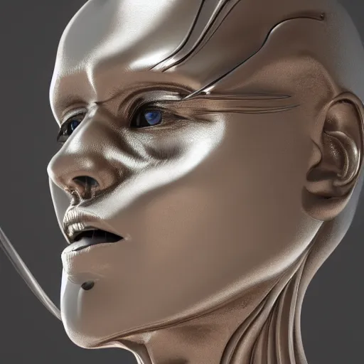 Image similar to 3 d render melted humanoid, sculpture, chrometype, liquid metal, neotribal, raytraced, volumetric lightning, 8 k by wlop, innate studio h - 1 0 0 0 w - 1 0 0 0