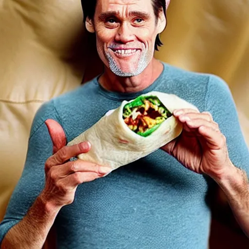 Image similar to photo of jim carrey stuffed inside of a burrito