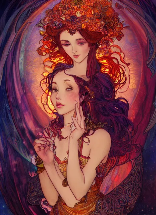 Prompt: Fire Goddess, ambient lighting, 4k, josephine wall, alphonse mucha, lois van baarle, ilya kuvshinov, rossdraws, artstation