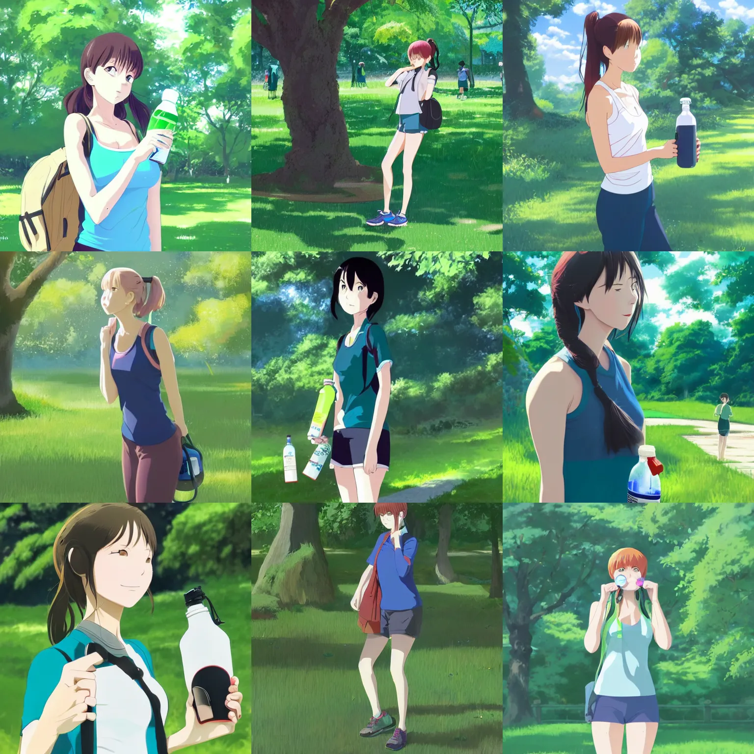 Prompt: Full body portrait of a woman wearing sportswear drinking from a water bottle in a lush green park, detailed, artstation, by Kyoto Animation and Studio Ghibli, by Makoto Shinkai