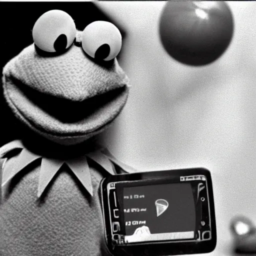 Prompt: old photo of Kermit the frog teaching physics on a PSP