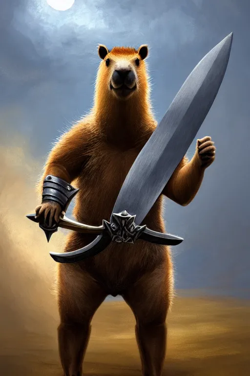 Image similar to an anthropomorphic capybara that is wearing full iron plate armor, a capybara that is dual wielding broadswords, as a matte oil painting and d & d art, standing, fullbody, blue magic, sharp focus, award - winning, extremely detailed, 4 k,