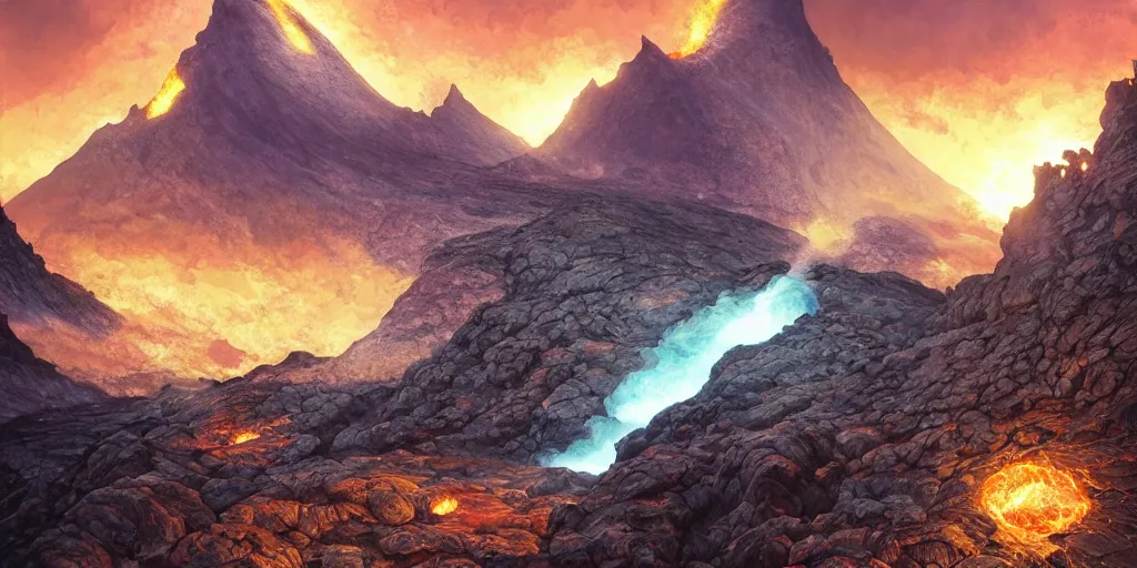 Prompt: a mountain range with a lava tiver flowing through it by akihito tsukushi, backlight, rim lighting, deep focus, d & d, fantasy, intricate, elegant, highly detailed, digital painting, artstation, concept art, matte, centered, sharp focus, illustration, hearthstone, art by artgerm, greg rutkowski and alphonse mucha