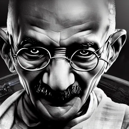 Image similar to Portrait of Mahatma Gandhi in Gears of War, splash art, movie still, cinematic lighting, dramatic, octane render, long lens, shallow depth of field, bokeh, anamorphic lens flare, 8k, hyper detailed, 35mm film grain