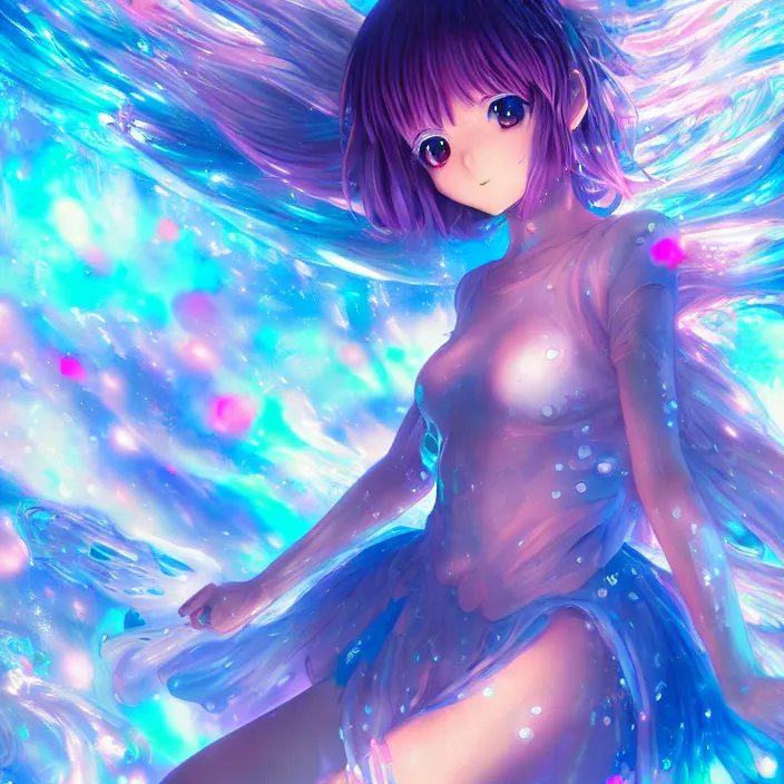 Prompt: ultra detailed illustration of a anime girl covered in liquid chrome, lost in a dreamy fairy multiverse by ross tran, Andrew Thomas Huang, Ohrai Noriyoshi,, colorful, front view, vivid colors, 8k, coherent, artgerm, anime vibes, uplifting, magical composition, artstation