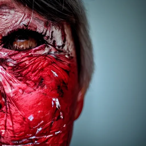 Prompt: Elderly woman with black eyes covered in red paint,