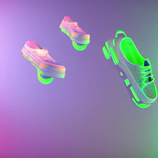 Image similar to high quality octane 3 d render of bioluminescent sneakers floating in space, emissive, bloom, volumetric, ray - tracing, bjork