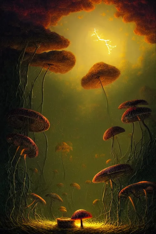 Image similar to a beautiful digital illustration painting of a detailed foreboding skies fantasy fireflies and roots, dark mushroom, flowers by benoit b. mandelbrot, steven belledin, martin johnson heade, lee madgwick, caspar david friedrich, and david rios ferreira. 8 k resolution trending on artstation concept art digital illustration