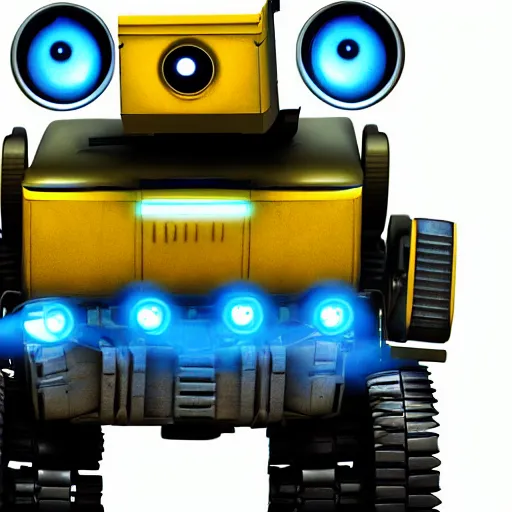 Prompt: wall - e, blue and yellow glowing lights, dark, highly detailed, close up