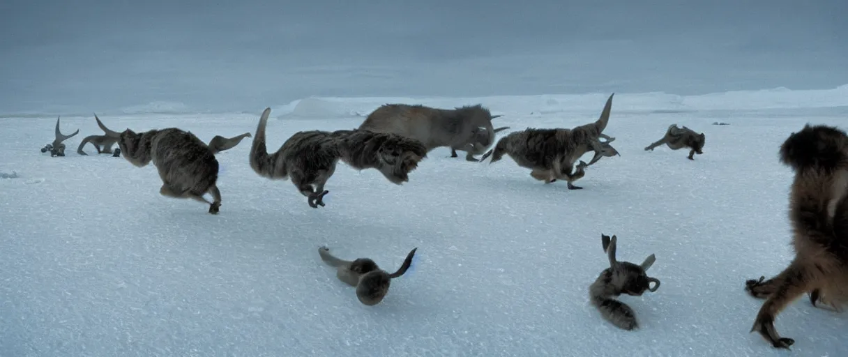 Image similar to filmic extreme wide shot movie still 4 k uhd interior 3 5 mm film color photograph of a bunch of creatures running around mcmurdo station in antartica