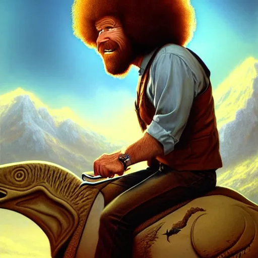 Image similar to bob ross!!! riding!!! a dinosaur!!, model pose, ultra realistic, concept art, intricate details, highly detailed, photorealistic, octane render, 8 k, unreal engine. art by artgerm and greg rutkowski and alphonse mucha