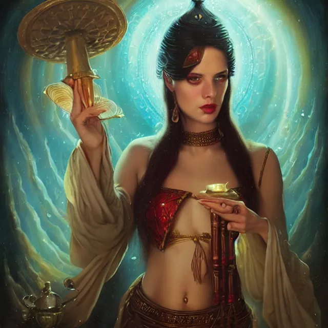 Prompt: portrait of a magical levantine genie, art by tom bagshaw and manuel sanjulian