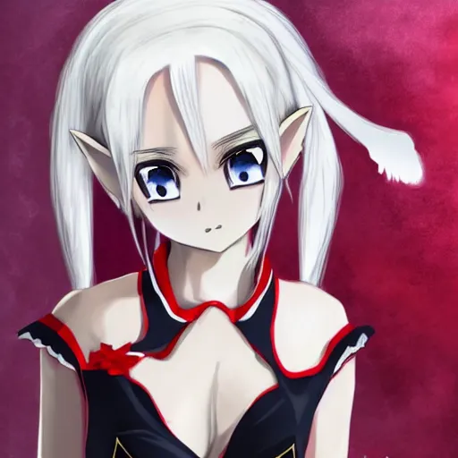 Prompt: white hair, red eyes, two small horn on the head, anime style, anime girl,elf ears