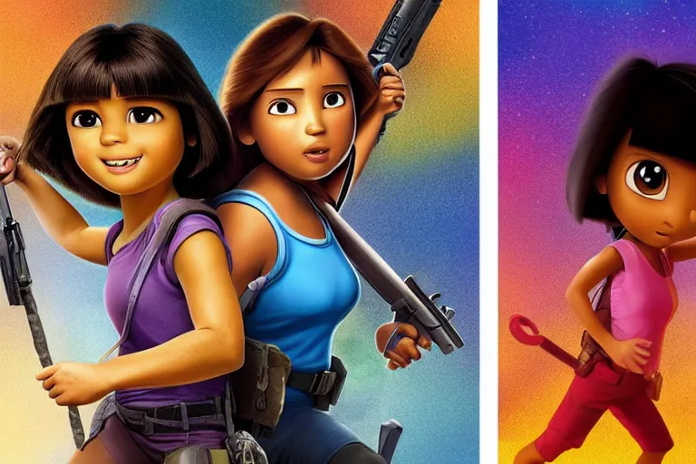 Image similar to Dora the Explorer (played by Isabela Merced) vs Lara Croft (played by Angelina Jolie), movie poster, film by James Bobin and Simon West