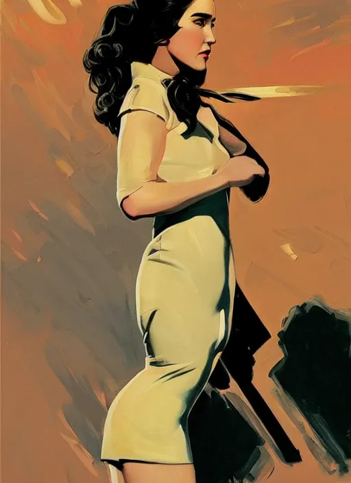 Image similar to young jennifer connelly as jenny blake from the movie the rocketeer ; detailed artwork by phil noto ; brush texture ; asymmetric composition ; paint texture ; trending on artstation ; gallery painting by phil noto in the comic book style of phil noto