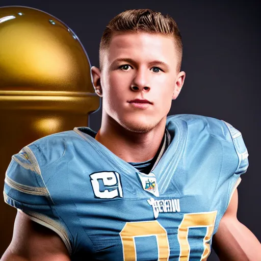 Image similar to a realistic detailed photo of a guy who is an attractive humanoid who is half robot and half humanoid, who is a male android, football player christian mccaffrey, shiny skin, posing like a statue, blank stare, in a living room, on display, showing off his muscles