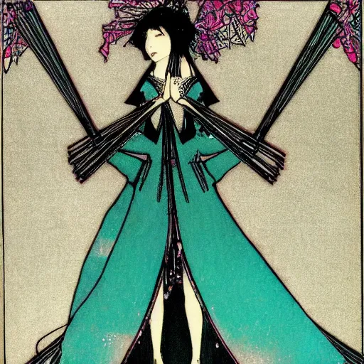 Image similar to hatsune miku, artwork by Harry Clarke