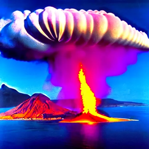 Image similar to colourful cinematic photo of hundreds of zeppelins clustered around an active volcano on an island