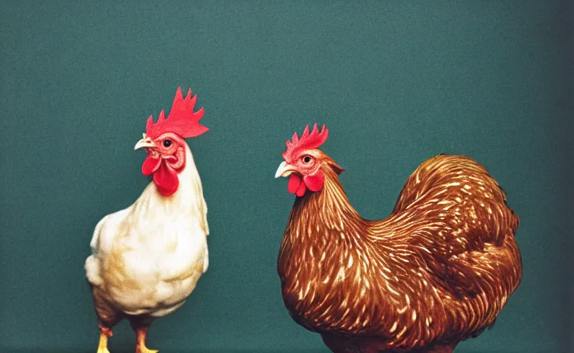 Prompt: 70s movie still full-lenght portrait of a chicken, by Irving Penn, Cinestill 800t 35mm Eastmancolor, heavy grainy picture, very detailed, high quality, 4k, HD criterion, precise texture