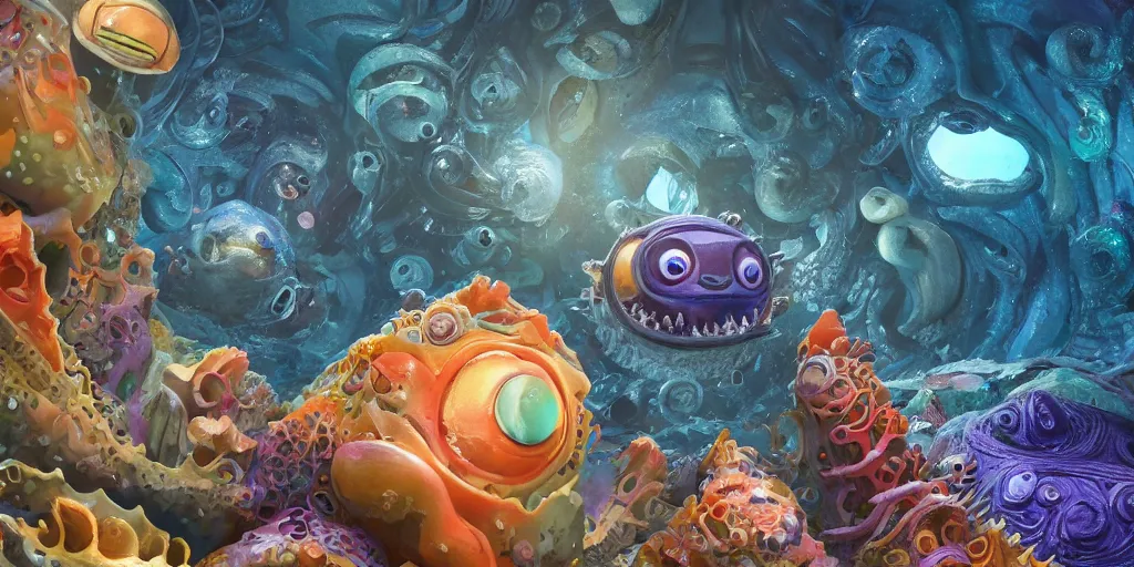 Image similar to of an intricate deep sea with strange cute friendly happy creatures with huge eyes, long tongue, round teeth and goofy funny face, appearing from the background, in the style of gehry and gaudi, macro lens, shallow depth of field, ultra detailed, digital painting, trending artstation, concept art, illustration, cinematic lighting, photorealism, epic, octane render