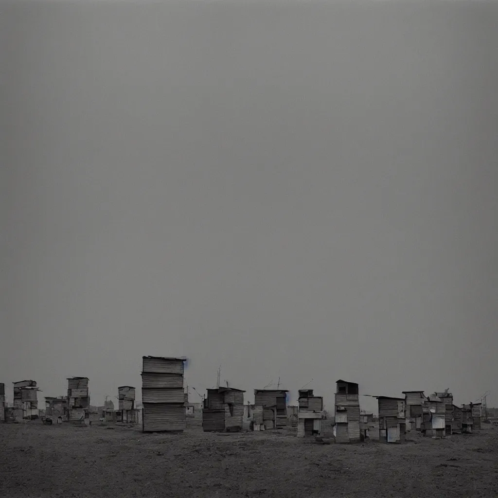 Prompt: towers made up of densely stacked makeshift squatter shacks with faded colours suspended over a quagmire, plain uniform sky at the back, misty, mamiya, ultra sharp, very detailed, photographed by man ray