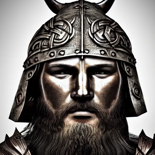 Prompt: a 9 th century viking, extremely pronounced masculine features, leather armor with nordic religious decorations, low dutch angle, face in focus, natural lighting, realism, nordic facial structure, muscular