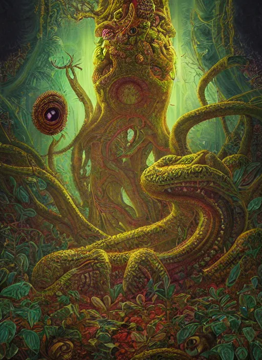 Prompt: lsd hippie poster art lovecraft horror machine glowing reptile eyes, plants and trees, elegant, highly detailed, centered, digital painting, artstation, concept art, smooth, sharp focus, illustration, artgerm, tomasz alen kopera, peter mohrbacher, donato giancola, joseph christian leyendecker, wlop, frank frazetta