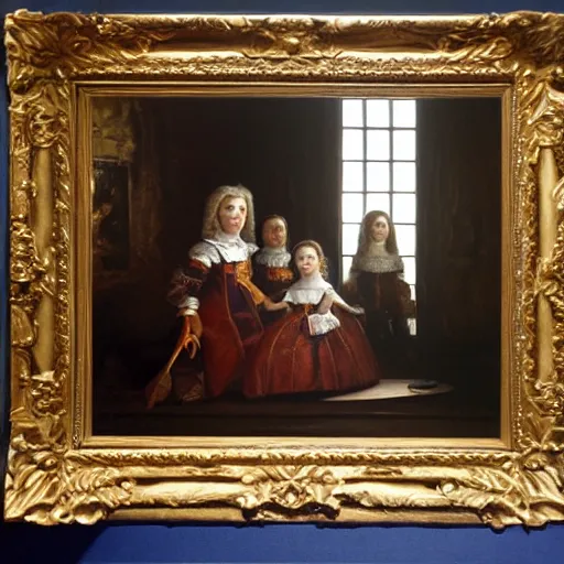 Prompt: oil canva family portrait in the main room of the castle painted in 1 6 5 6, dark room, one point of light coming through the window inspired by las meninas, spaces between subjects and good detail and realistic face form for each person in the canva, inspired by diego velasquez better quiality