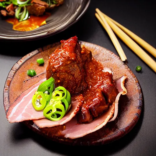 Image similar to pork ham bacon rendang, realistic, sharp focus, 8 k high definition, insanely detailed, intricate, elegant, food photography