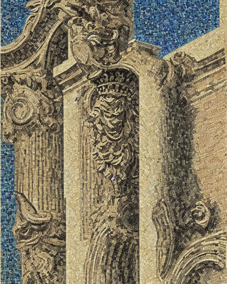 Image similar to achingly beautiful painting of intricate ancient roman corinthian capital on radiant mosaic background by rene magritte, monet, and turner. giovanni battista piranesi.