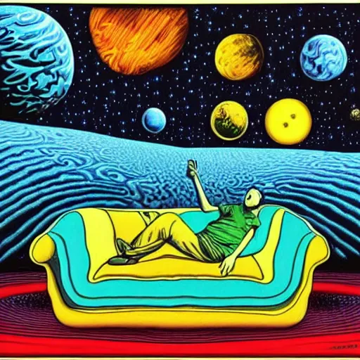 Image similar to psychedelic trippy couch in space, planets, milky way, sofa, cartoon by rob gonsalves