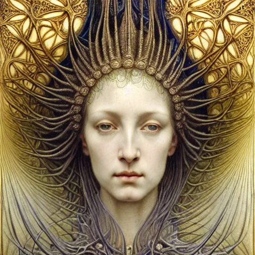 Image similar to detailed realistic beautiful young medieval queen face portrait by jean delville, gustave dore, iris van herpen and marco mazzoni, art forms of nature by ernst haeckel, art nouveau, symbolist, visionary, gothic, pre - raphaelite, horizontal symmetry