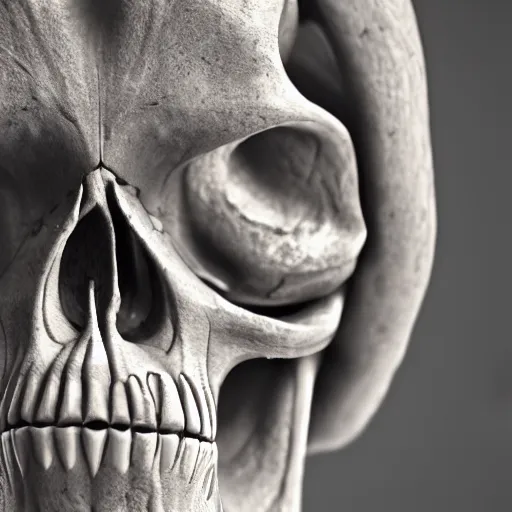 Prompt: A skull of a weird alien creature, intricate, 35mm, photorealistic, realistic, depth of field, photography, high definition, 8k