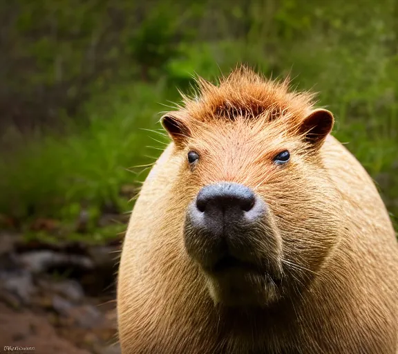 Image similar to a portrait of capybara with a mushroom cap growing on its head by luis royo. intricate. lifelike. soft light. sony a 7 r iv 5 5 mm. cinematic post - processing