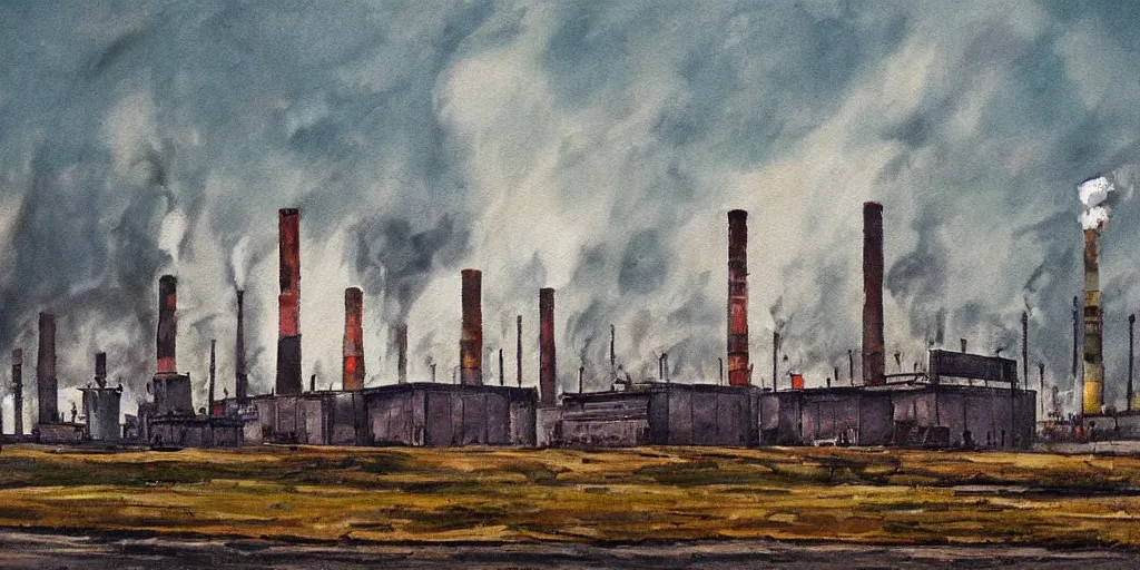 Prompt: a depressing and quite sad painting of a factory with smoke stacks billowing into a sky the color of a tv turned to a dead channel ; highly detailed