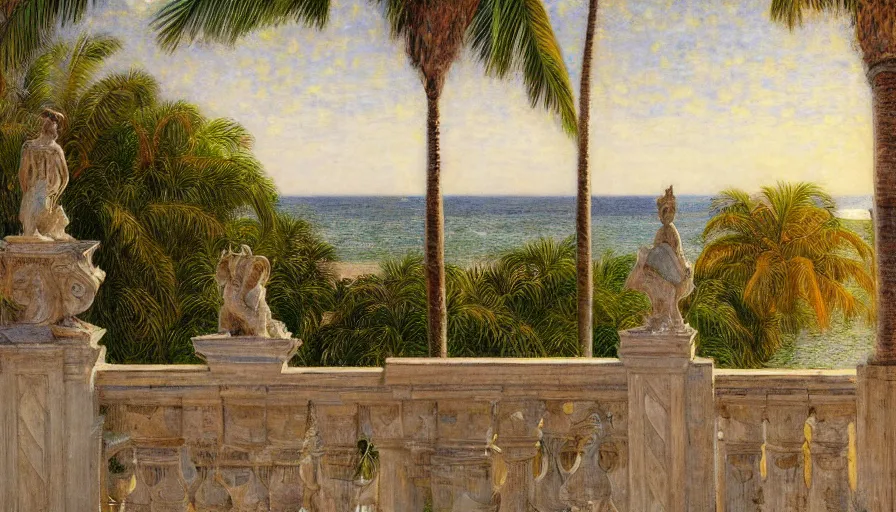 Image similar to a ultradetailed beautiful painting of the amazonas palace balustrade designed by jules bastien - lepage, hans belmer, frank weston and gustave baumann, beach, trending on artstation, mediterranean, palm trees, refracted color sparkles, sharp focus, soft light, 8 k 4 k