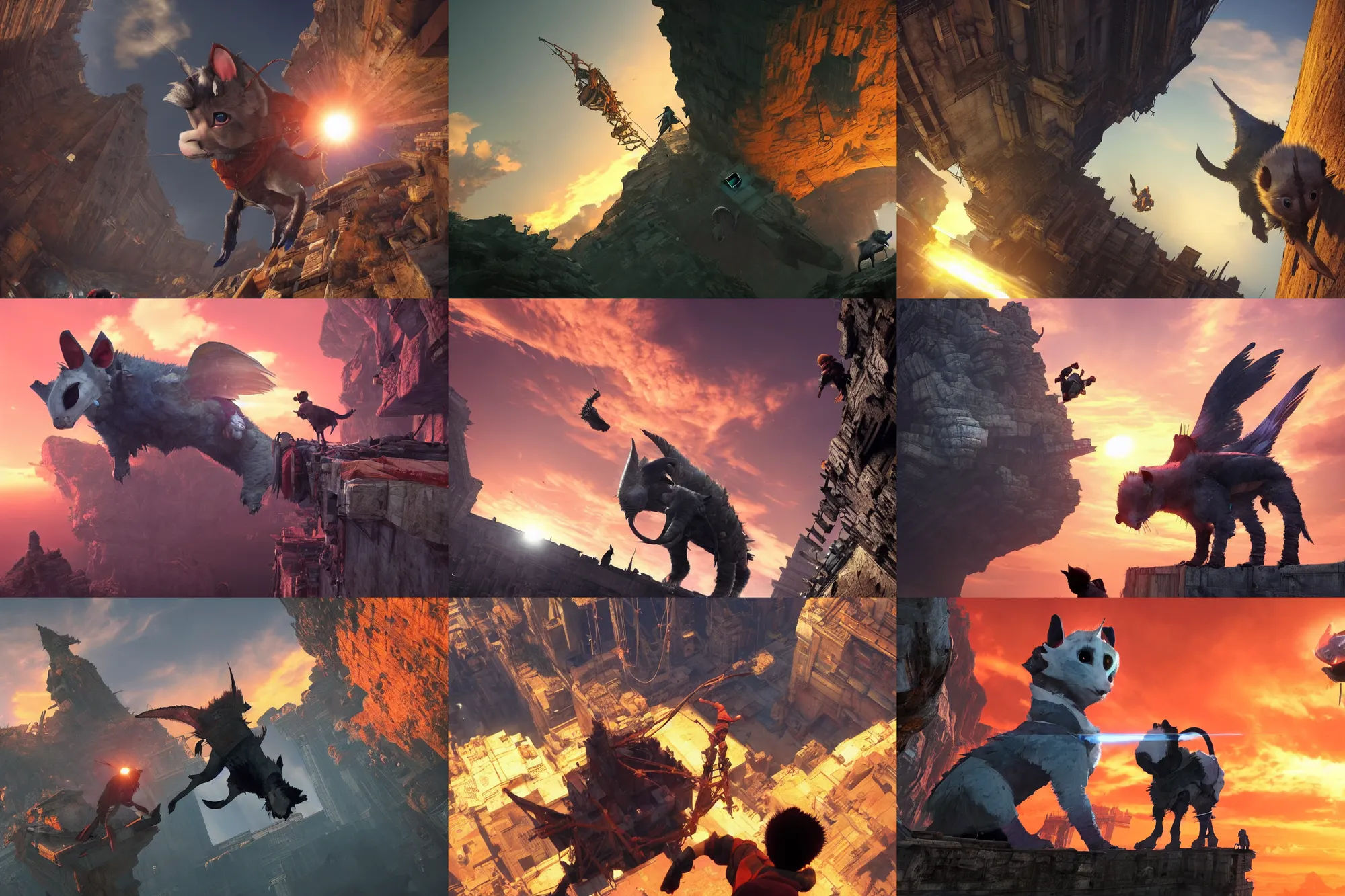 Prompt: incredible screenshot of the last guardian on PS5, blinding red orange sky, dynamic camera angle, deep 3 point perspective, fish eye, dynamic extreme foreshortening, the boy and trico, scaffolding collapsing, huge chasm, 8k, hd, high resolution print