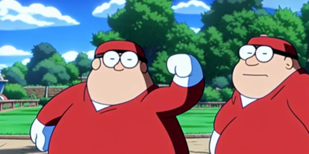 Prompt: Peter griffin from family guy in a pokemon duel , 4K screenshot from Pokemon: the movie