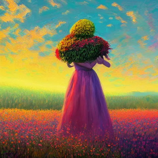 Image similar to girl with giant flower as a face and flower dress, standing in a flower field hills, big trees, sunrise dramatic light, impressionist painting, colorful clouds, digital painting, pointillism, artstation, simon stalenhag