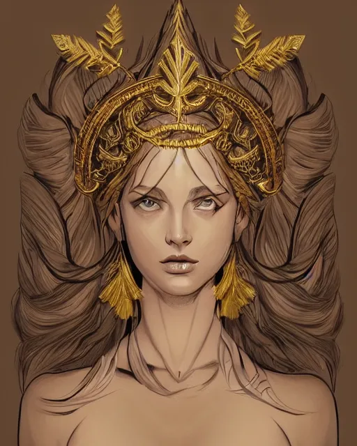 Image similar to tattoo design sketch of cute beautiful blonde super model as aphrodite greek goddess wearing a gold laurel wreath and triangle earrings, beautiful piercing gaze with sharp pupils, in the style of greg rutkowski, fantasy, amazing detail, epic, elegant, smooth, sharp focus, front view