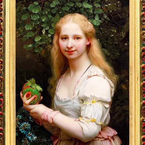 Prompt: A beautiful Blonde Woman with Locks selling strawberries in the style of Sophie Anderson, Portrait