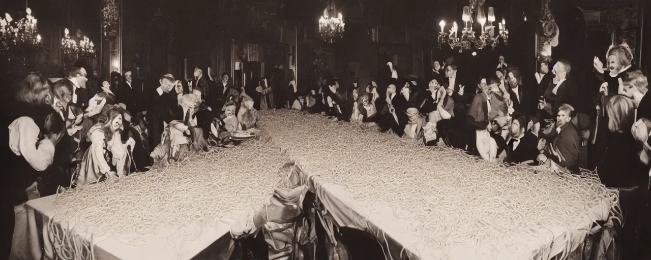 Image similar to a long banquet table covered in spaghetti, victorian era, excited guests, detailed expression, canon 5 0 mm, cinematic lighting, photography,, film, kodachrome